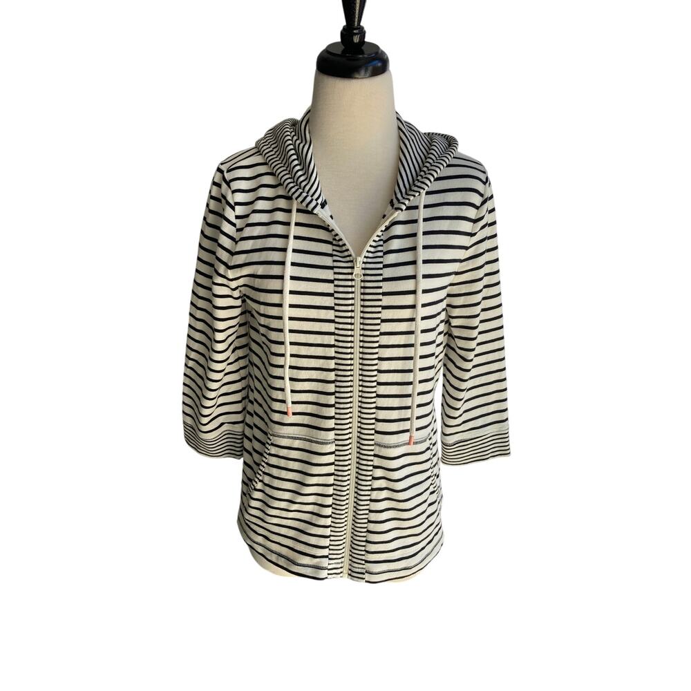 T by Talbots Black/White Stripe 3/4 Sleeve Zip Up Jacket Top w/Hood Size MP